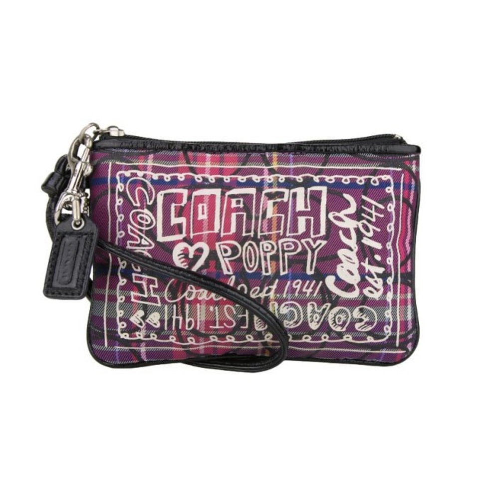 Original purple Poppy plaid Coach zipper wristlet